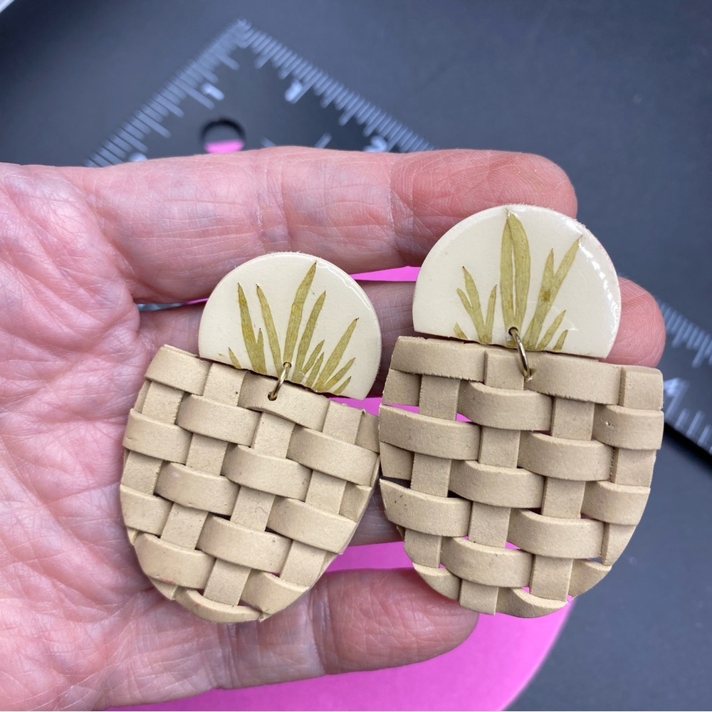 Woven Polymer Clay  & Ceramic Earrings Handcrafted Pierced Post Style